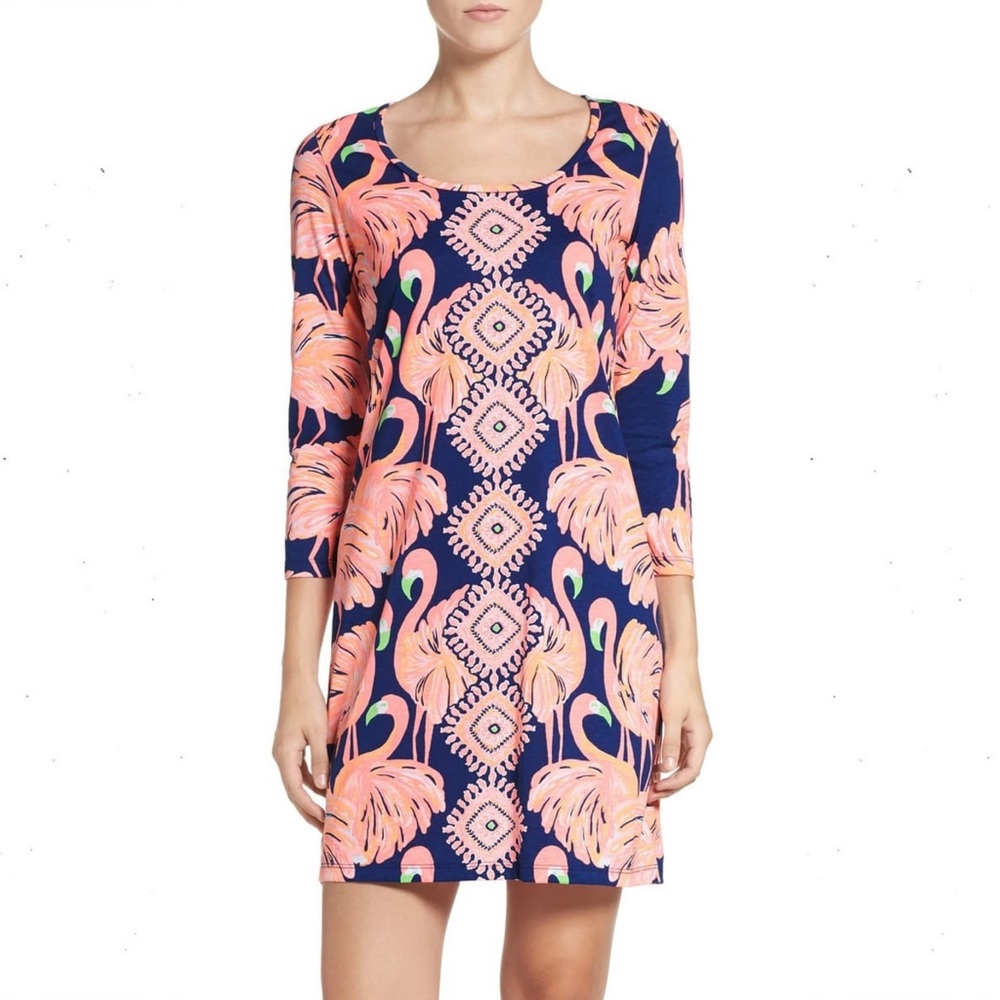 Lilly Pulitzer Navy and Pink Flamingo Print Shift Dress